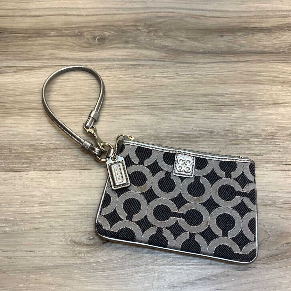 COACH Gray Silver Signature Zip Closure Canvas Wristlet‎
